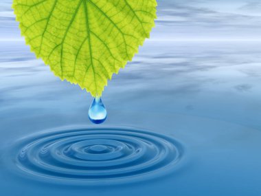 Kavram ya da kavramsal temiz kaynak suyu veya çiğ bırakın dalgalar yapma 3d illüstrasyon mavi temiz su üzerinde yeşil bir taze yaprak düşüyor