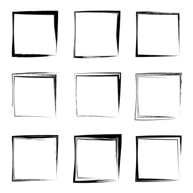 Koleksiyon veya sanatsal siyah boya el kümesi yaratıcı grungy fırça konturu kare kare veya beyaz arka plan üzerinde izole sınırları yaptı. Bir grunge eğitim kroki soyut yaratıcı mürekkep tasarım