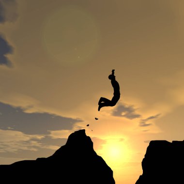 Kavram ya da kavramsal genç 3d çizim adam ya da işadamı siluet atlamak mutlu uçurum boşluk gündoğumu veya günbatımı gökyüzü arka plan üzerinde