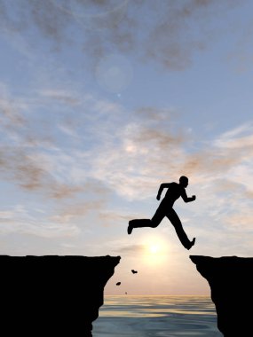 Kavram ya da kavramsal 3d resimde genç adam ya da işadamı siluet atlamak mutlu uçurumun üzerinden su gap gündoğumu veya günbatımı gökyüzü arka plan