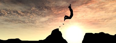 Kavram ya da kavramsal genç 3d çizim adam ya da işadamı siluet atlamak mutlu cliff üzerinde boşluk gündoğumu veya günbatımı gökyüzü arka plan afiş