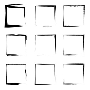 Koleksiyon veya sanatsal siyah boya el kümesi yaratıcı grungy fırça konturu kare kare veya beyaz arka plan üzerinde izole sınırları yaptı. Bir grunge eğitim kroki soyut yaratıcı mürekkep tasarım