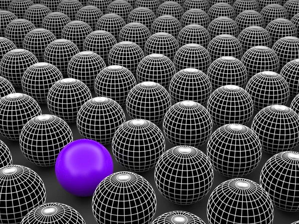 Concept or conceptual 3D illustration wireframe black and white group of spheres or balls with a special different one standing out of crowd background