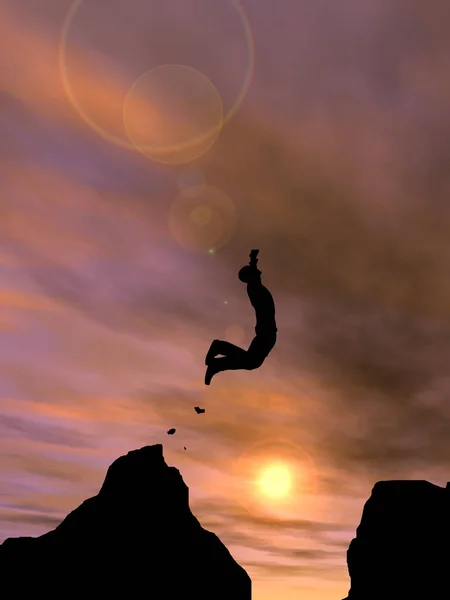 概念または概念の若い イラスト男性やビジネスマン ギャップ日没や日の出の空の背景の上の崖からジャンプ幸せのシルエット — ストック写真