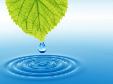 Kavram ya da kavramsal temiz kaynak suyu veya çiğ bırakın dalgalar yapma 3d illüstrasyon mavi temiz su üzerinde yeşil bir taze yaprak düşüyor
