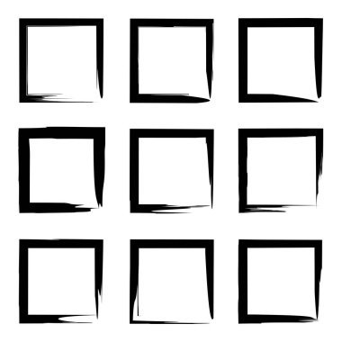 Koleksiyon veya sanatsal siyah boya el kümesi yaratıcı grungy fırça konturu kare kare veya beyaz arka plan üzerinde izole sınırları yaptı. Bir grunge eğitim kroki soyut yaratıcı mürekkep tasarım