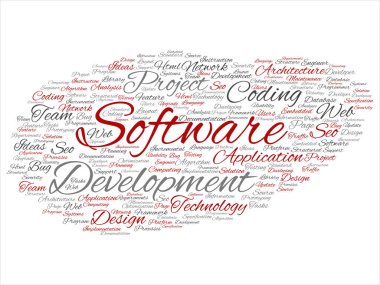 Kavram ya da kavramsal yazılım geliştirme projesi teknoloji soyut kelime bulutu kodlama arka plan izole. Uygulama web tasarım, seo fikir, uygulama, test yükseltme metin kolaj