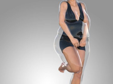 Kavramsal şişman kilolu obez kadın vs fit sağlıklı vücut kilo kaybını takiben ince ya da kas ince genç kadınla gri diyet. Fitness, beslenme veya şişmanlık obezite sağlık şekil 3d çizim