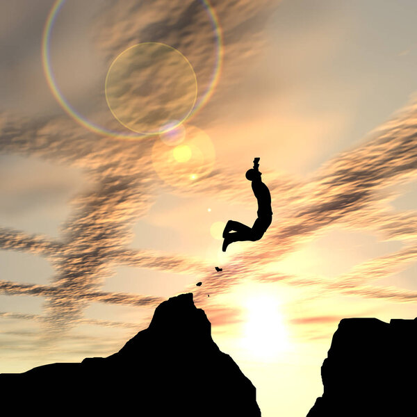 Концепция или концептуальный молодой 3D иллюстрации человек или бизнесмен силуэт прыгать счастливым от скалы через разрыв заката или восхода солнца фоне
