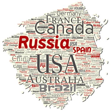 Vektör kavramsal dünya ülke ya da kıta eski yırtık kağıt kırmızı küresel birlik, tatil seyahat kelime bulutu arka plan izole. Uluslararası ulus coğrafya eğitim veya Turizm kavramı kolaj