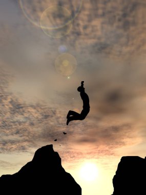 Kavram ya da kavramsal genç 3d çizim adam ya da işadamı siluet atlamak mutlu uçurum boşluk gündoğumu veya günbatımı gökyüzü arka plan üzerinde