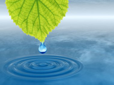 Kavram ya da kavramsal temiz kaynak suyu veya çiğ bırakın dalgalar yapma 3d illüstrasyon mavi temiz su üzerinde yeşil bir taze yaprak düşüyor