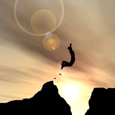 Kavram ya da kavramsal genç 3d çizim adam ya da işadamı siluet atlamak mutlu uçurum boşluk gündoğumu veya günbatımı gökyüzü arka plan üzerinde