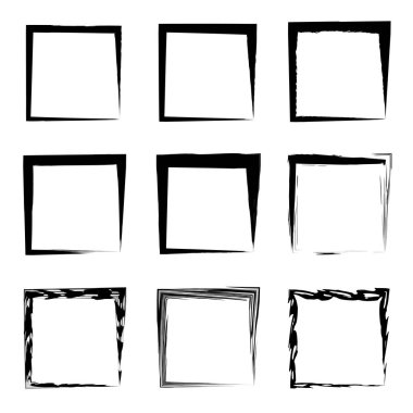 Koleksiyon veya sanatsal siyah boya el kümesi yaratıcı grungy fırça konturu kare kare veya beyaz arka plan üzerinde izole sınırları yaptı. Bir grunge eğitim kroki soyut yaratıcı mürekkep tasarım