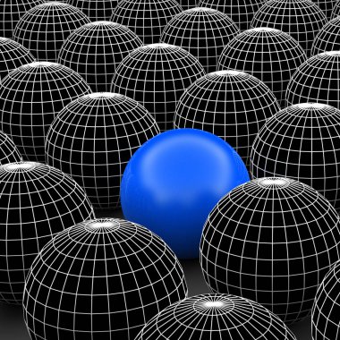 Kavram ya da kavramsal 3d resimde tel kafes siyah beyaz grup küreler veya kalabalık arka plan dışında özel bir farklı bir konumu olan topları