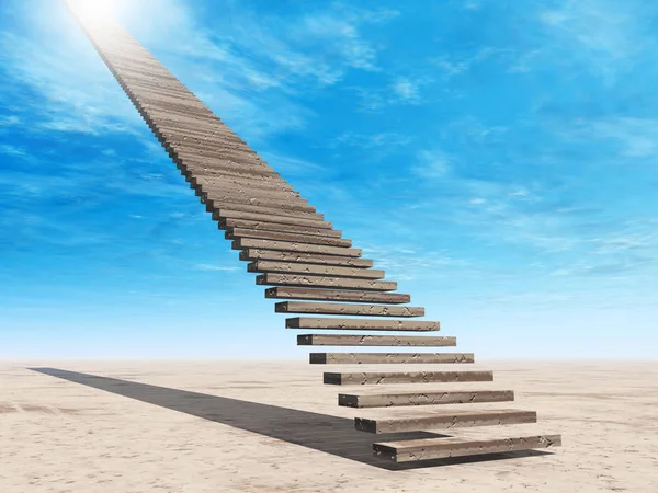 Concept or conceptual 3D illustration stair steps to heaven on sky background in desert with clouds