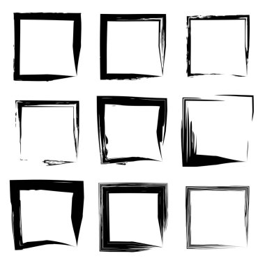 Koleksiyon veya sanatsal siyah boya el kümesi yaratıcı grungy fırça konturu kare kare veya beyaz arka plan üzerinde izole sınırları yaptı. Bir grunge eğitim kroki soyut yaratıcı mürekkep tasarım