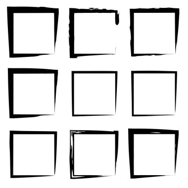 Koleksiyon veya sanatsal siyah boya el kümesi yaratıcı grungy fırça konturu kare kare veya beyaz arka plan üzerinde izole sınırları yaptı. Bir grunge eğitim kroki soyut yaratıcı mürekkep tasarım