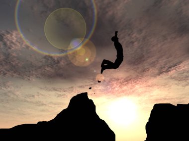 Kavram ya da kavramsal genç 3d çizim adam ya da işadamı siluet atlamak mutlu uçurum boşluk gündoğumu veya günbatımı gökyüzü arka plan üzerinde