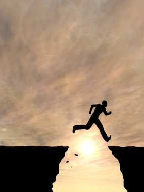 Kavram ya da kavramsal genç 3d çizim adam ya da işadamı siluet atlamak mutlu uçurum boşluk gündoğumu veya günbatımı gökyüzü arka plan üzerinde
