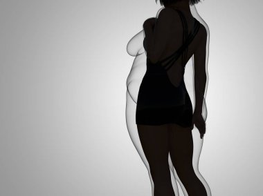 Kavramsal şişman kilolu obez kadın vs fit sağlıklı vücut kilo kaybını takiben ince ya da kas ince genç kadınla gri diyet. Fitness, beslenme veya şişmanlık obezite sağlık şekil 3d çizim