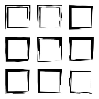 Koleksiyon veya sanatsal siyah boya el kümesi yaratıcı grungy fırça konturu kare kare veya beyaz arka plan üzerinde izole sınırları yaptı. Bir grunge eğitim kroki soyut yaratıcı mürekkep tasarım