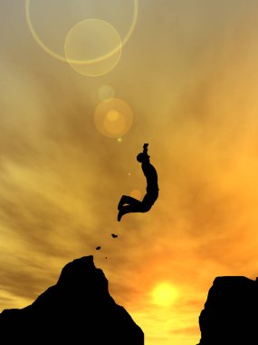 Kavram ya da kavramsal genç 3d çizim adam ya da işadamı siluet atlamak mutlu uçurum boşluk gündoğumu veya günbatımı gökyüzü arka plan üzerinde