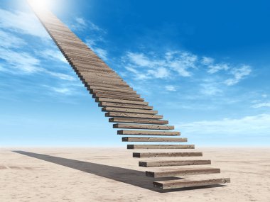 Kavram ya da kavramsal 3d illüstrasyon merdiven merdiven cennete çölde bulutlu gökyüzü arka plan üzerinde