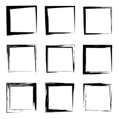 Koleksiyon veya sanatsal siyah boya el kümesi yaratıcı grungy fırça konturu kare kare veya beyaz arka plan üzerinde izole sınırları yaptı. Bir grunge eğitim kroki soyut yaratıcı mürekkep tasarım