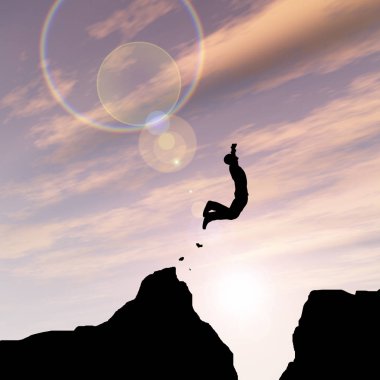 Kavram ya da kavramsal genç 3d çizim adam ya da işadamı siluet atlamak mutlu uçurum boşluk gündoğumu veya günbatımı gökyüzü arka plan üzerinde