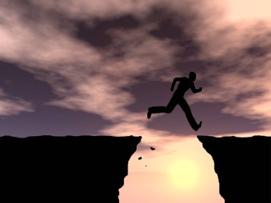 Kavram ya da kavramsal genç 3d çizim adam ya da işadamı siluet atlamak mutlu uçurum boşluk gündoğumu veya günbatımı gökyüzü arka plan üzerinde