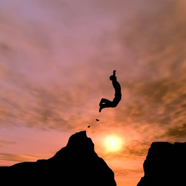 Kavram ya da kavramsal genç 3d çizim adam ya da işadamı siluet atlamak mutlu uçurum boşluk gündoğumu veya günbatımı gökyüzü arka plan üzerinde