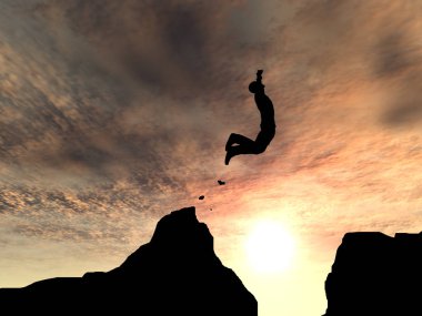 Kavram ya da kavramsal genç 3d çizim adam ya da işadamı siluet atlamak mutlu uçurum boşluk gündoğumu veya günbatımı gökyüzü arka plan üzerinde