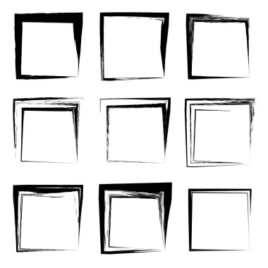 Koleksiyon veya sanatsal siyah boya el kümesi yaratıcı grungy fırça konturu kare kare veya beyaz arka plan üzerinde izole sınırları yaptı. Bir grunge eğitim kroki soyut yaratıcı mürekkep tasarım