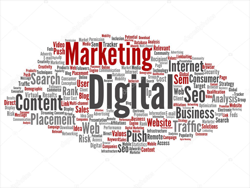 Vector concept or conceptual digital marketing seo traffic abstract word cloud isolated on background. Collage of business, market, content, search, web push, placement, communication technology text