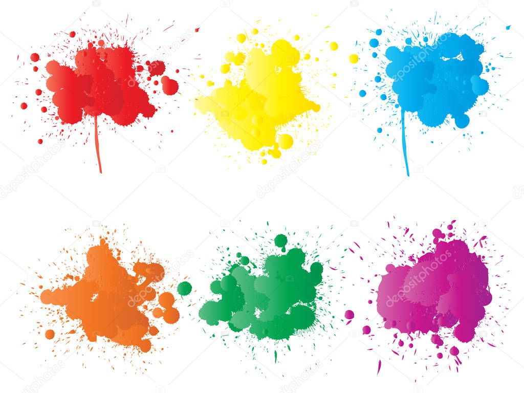 Vector collection of artistic grungy paint drop, hand made creative splash or splatter stroke set isolated white background. Abstract grunge dirty stains group, education or graphic art decoration