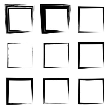 Koleksiyon veya sanatsal siyah boya el kümesi yaratıcı grungy fırça konturu kare kare veya beyaz arka plan üzerinde izole sınırları yaptı. Bir grunge eğitim kroki soyut yaratıcı mürekkep tasarım