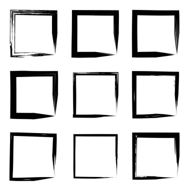 Koleksiyon veya sanatsal siyah boya el kümesi yaratıcı grungy fırça konturu kare kare veya beyaz arka plan üzerinde izole sınırları yaptı. Bir grunge eğitim kroki soyut yaratıcı mürekkep tasarım