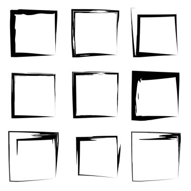 Koleksiyon veya sanatsal siyah boya el kümesi yaratıcı grungy fırça konturu kare kare veya beyaz arka plan üzerinde izole sınırları yaptı. Bir grunge eğitim kroki soyut yaratıcı mürekkep tasarım