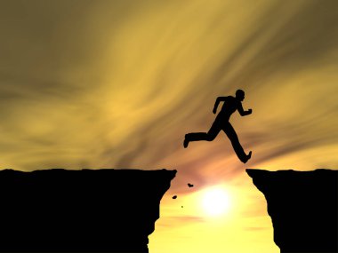 Kavram ya da kavramsal genç 3d çizim adam ya da işadamı siluet atlamak mutlu uçurum boşluk gündoğumu veya günbatımı gökyüzü arka plan üzerinde