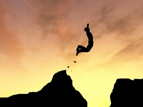 Концепция Концептуальный Молодой Иллюстрации Человек Бизнесмен Силуэт Прыгать Счастливым Скалы — стоковое фото