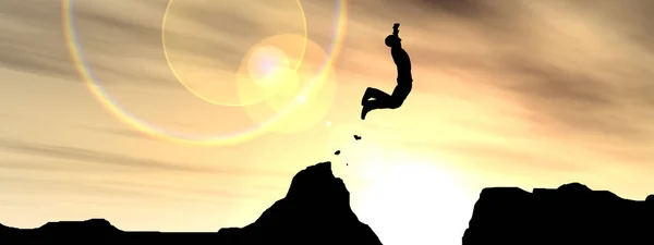 Концепция Концептуальный Молодой Иллюстрации Человек Бизнесмен Силуэт Прыгать Счастливым Скалы — стоковое фото