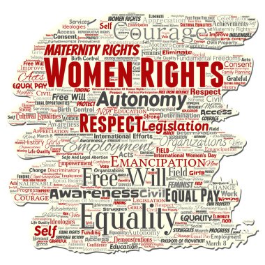 Vektör kavramsal kadın hakları, eşitlik, serbest eski yırtık kağıt kelime izole bulut arka plan. Feminizm, güçlendirme, dürüstlük, fırsatları, farkındalık, cesaret, eğitim kavramı kolaj