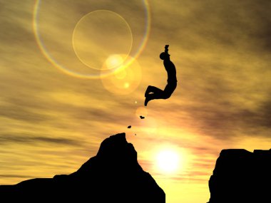 Kavram ya da kavramsal genç 3d çizim adam ya da işadamı siluet atlamak mutlu uçurum boşluk gündoğumu veya günbatımı gökyüzü arka plan üzerinde