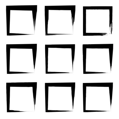 Koleksiyon veya sanatsal siyah boya el kümesi yaratıcı grungy fırça konturu kare kare veya beyaz arka plan üzerinde izole sınırları yaptı. Bir grunge eğitim kroki soyut yaratıcı mürekkep tasarım