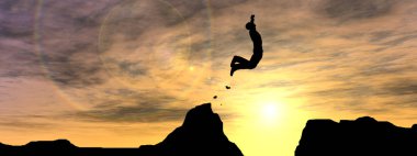Kavram ya da kavramsal genç 3d çizim adam ya da işadamı siluet atlamak mutlu cliff üzerinde boşluk gündoğumu veya günbatımı gökyüzü arka plan afiş