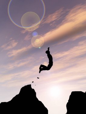 Kavram ya da kavramsal genç 3d çizim adam ya da işadamı siluet atlamak mutlu uçurum boşluk gündoğumu veya günbatımı gökyüzü arka plan üzerinde