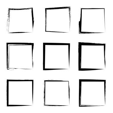 Koleksiyon veya sanatsal siyah boya el kümesi yaratıcı grungy fırça konturu kare kare veya beyaz arka plan üzerinde izole sınırları yaptı. Bir grunge eğitim kroki soyut yaratıcı mürekkep tasarım