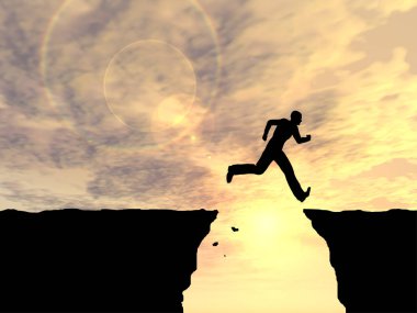 Kavram ya da kavramsal genç 3d çizim adam ya da işadamı siluet atlamak mutlu uçurum boşluk gündoğumu veya günbatımı gökyüzü arka plan üzerinde