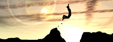 Kavram ya da kavramsal genç 3d çizim adam ya da işadamı siluet atlamak mutlu cliff üzerinde boşluk gündoğumu veya günbatımı gökyüzü arka plan afiş